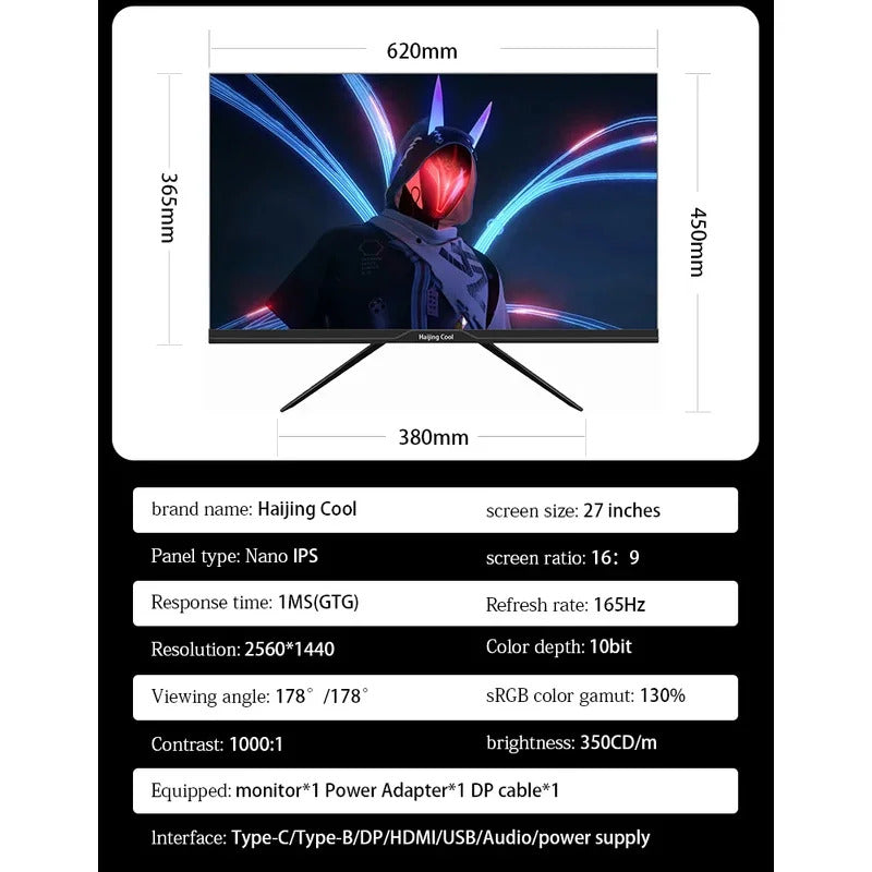 27" Monitor 2K 165Hz 144HZ Gaming Monitors Computer 1ms Free-sync Nano IPS Panel Desktop LCD Display HDMI DP Type-C