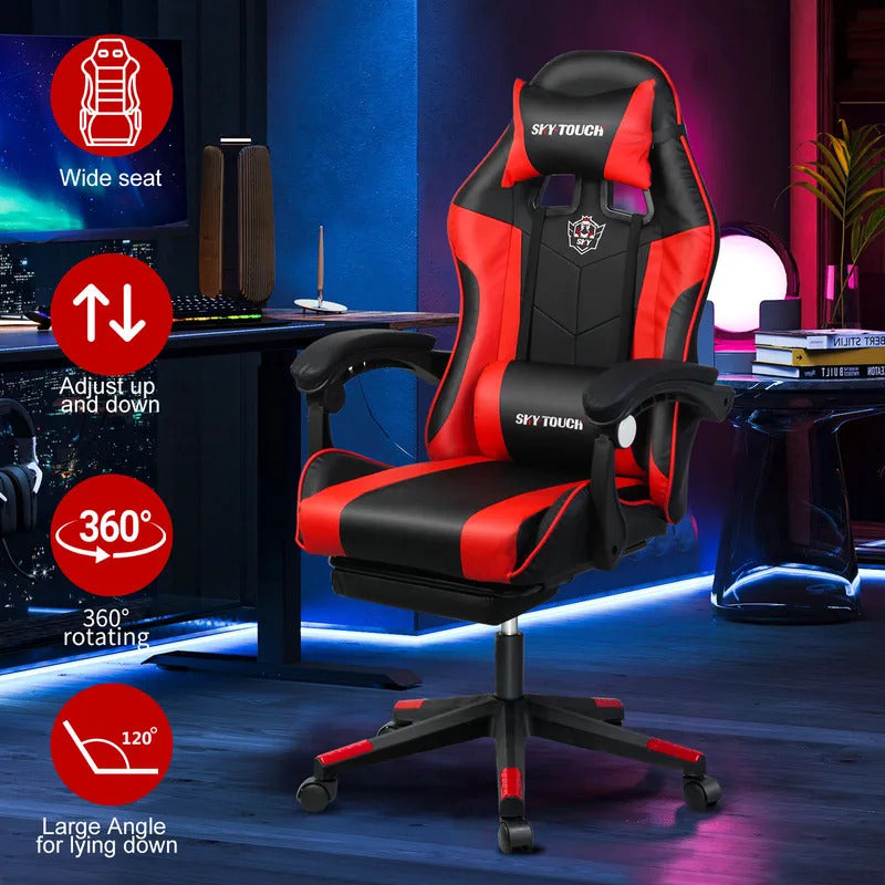 Gaming chair Adjustable Computer chair Pc office Pu Leather HighBack, Ergonomic Lumbar Support,Armrest Pillow Red