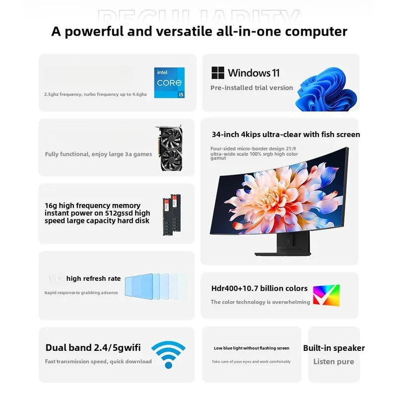 34 inch Curved All In One PC 4K HD Fish Screen All In One Computer16GB RAM Adjustable Office Computer
