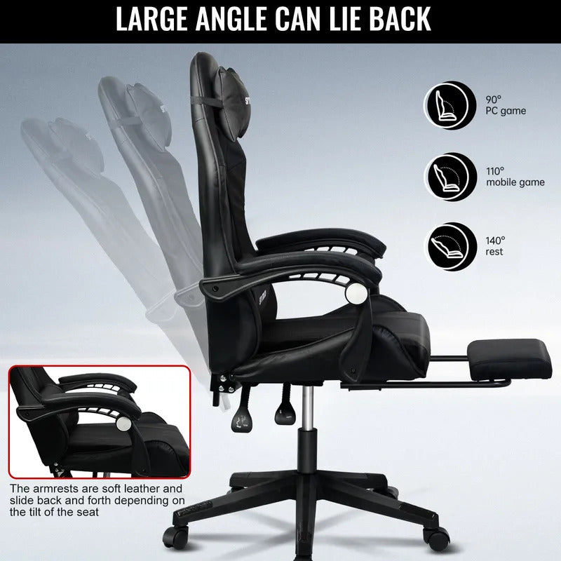 Gaming chair Adjustable Computer chair Pc office Pu Leather HighBack, Ergonomic Lumbar Support,Armrest  Pillow，Black