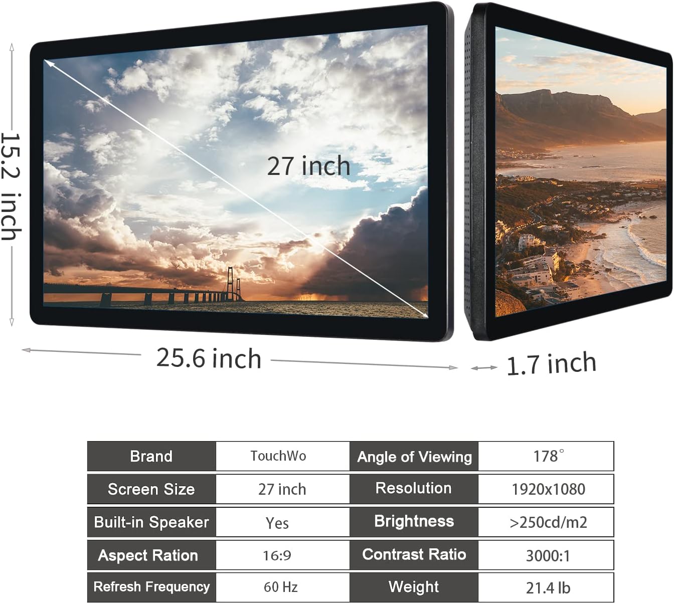 1000 nits 27 inch Capacitive Multi-Touch Screen Industrial Monitor, 16:9 Display 1920 x 1080P, Built-in Speakers, VGA, DVI & HDMI Monitor for PC, POS, Small Business, Restaurant