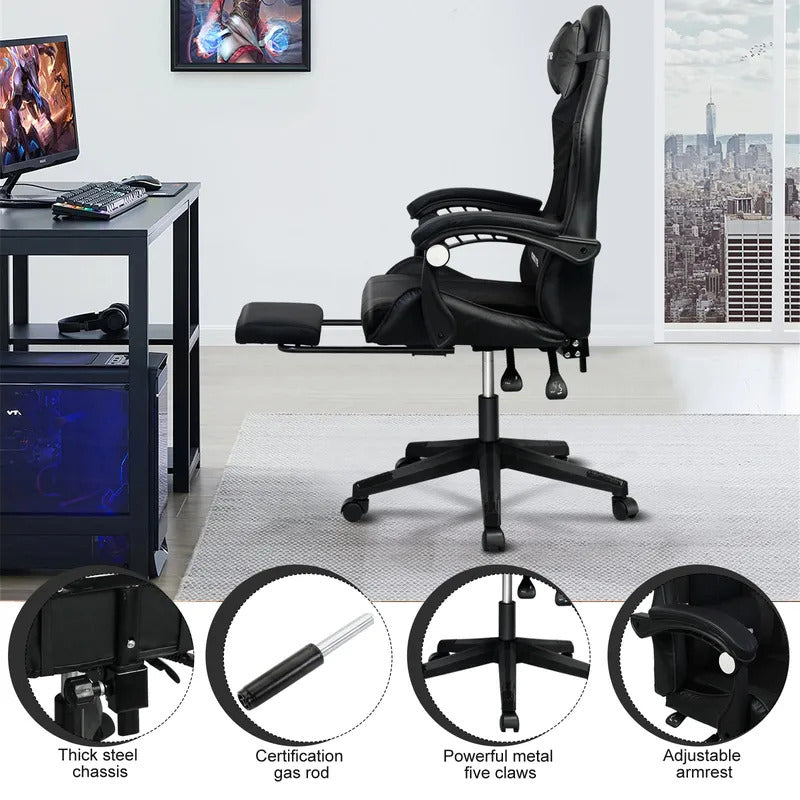 Gaming chair Adjustable Computer chair Pc office Pu Leather HighBack, Ergonomic Lumbar Support,Armrest  Pillow，Black