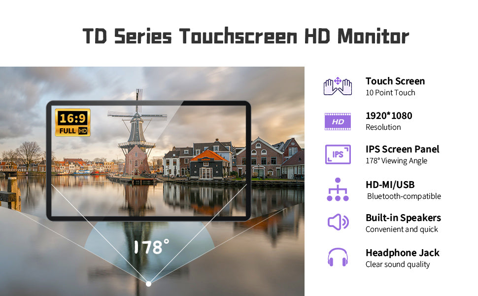 1000 nits 27 inch Capacitive Multi-Touch Screen Industrial Monitor, 16:9 Display 1920 x 1080P, Built-in Speakers, VGA, DVI & HDMI Monitor for PC, POS, Small Business, Restaurant