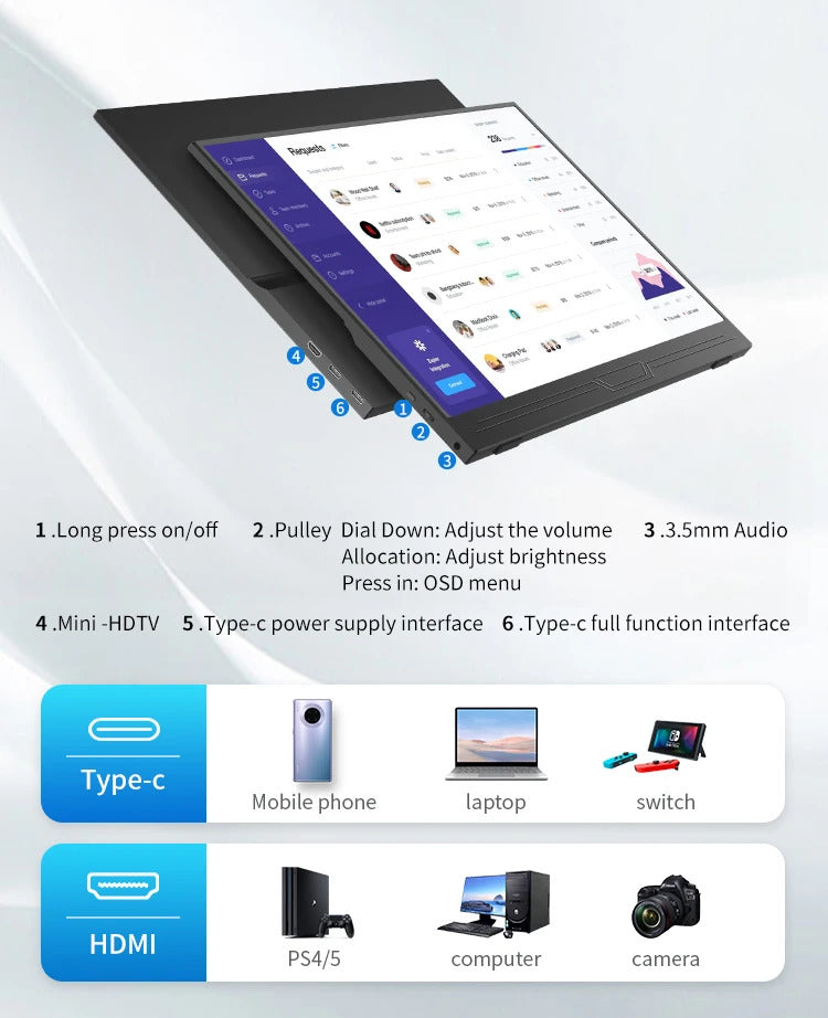 15.6'' Touch Portable Monitor Gaming 1080P FHD IPS USB-C HDMI Computer Display for Switch Xbox One PS4/5 Phone Pc Laptop