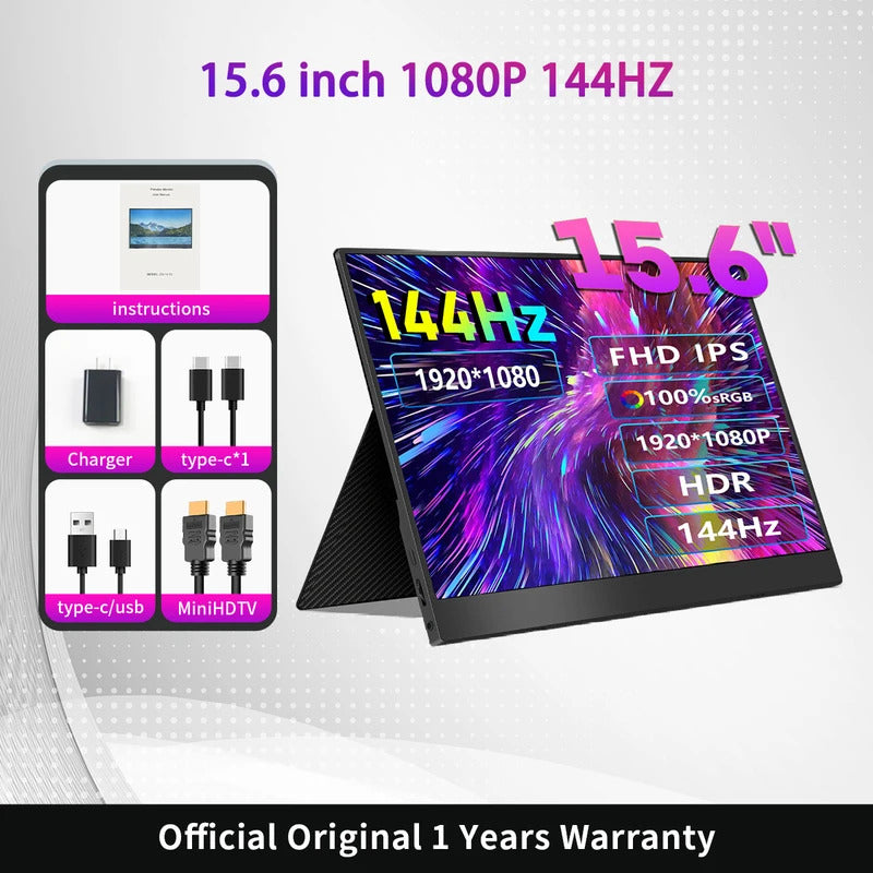 15.6 Inch 2K Portable Monitor 144Hz 2560*1440 100%sRGB IPS Gaming Display USB C HDMI HDR Screen for Xbox PS4 Switch Laptop