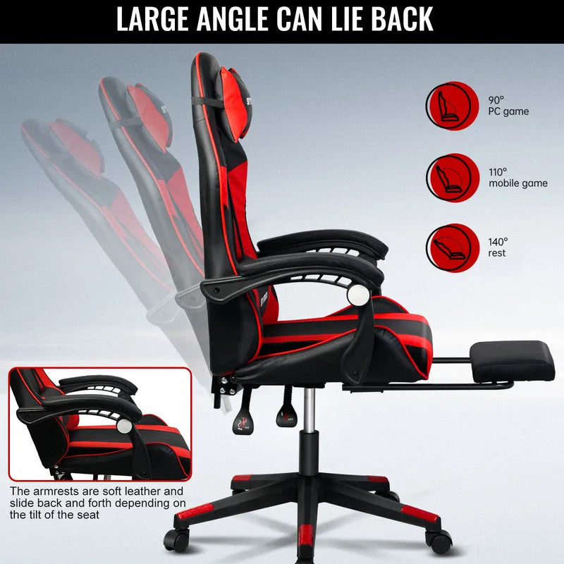 Gaming chair Adjustable Computer chair Pc office Pu Leather HighBack, Ergonomic Lumbar Support,Armrest  Pillow Red