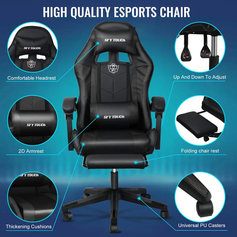 Gaming chair Adjustable Computer chair Pc office Pu Leather HighBack, Ergonomic Lumbar Support,Armrest  Pillow，Black