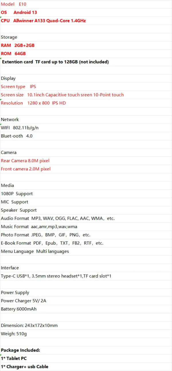 The Cheapest Type-C 10 Inch Tablet Android 14 Allwinner A133 Quad-Core 2.0GHz 4GB RAM 64GB ROM 1280 x 800IPS WIFI 6000mAh