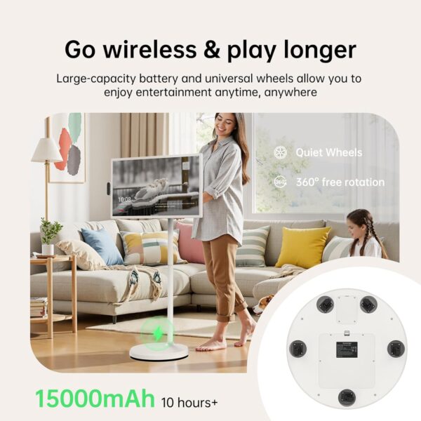 32 inch UHD 4K Smart Portable TV Gen2, 16G +256G Storage, Android OS, 15000mAh, Rolling TV on Wheels with Rotatable Touch Screen, Built-in Battery, Full Swivel Rotation, Voice Remote