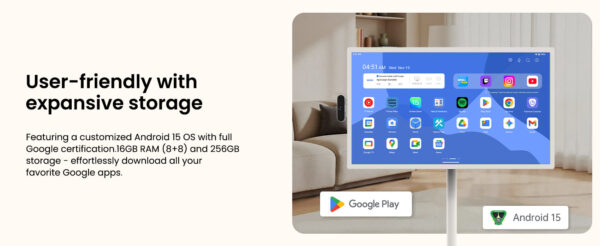 32 inch UHD 4K Smart Portable TV Gen2, 16G +256G Storage, Android OS, 15000mAh, Rolling TV on Wheels with Rotatable Touch Screen, Built-in Battery, Full Swivel Rotation, Voice Remote