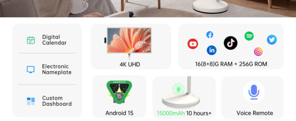 32 inch UHD 4K Smart Portable TV Gen2, 16G +256G Storage, Android OS, 15000mAh, Rolling TV on Wheels with Rotatable Touch Screen, Built-in Battery, Full Swivel Rotation, Voice Remote