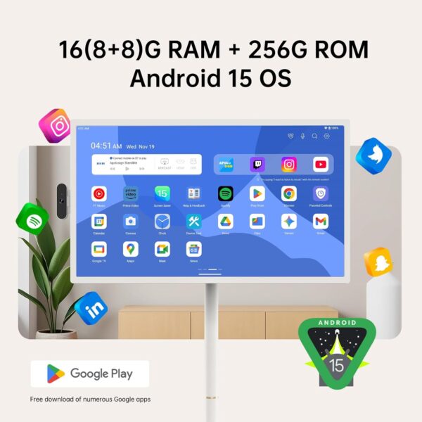 32 inch UHD 4K Smart Portable TV Gen2, 16G +256G Storage, Android OS, 15000mAh, Rolling TV on Wheels with Rotatable Touch Screen, Built-in Battery, Full Swivel Rotation, Voice Remote