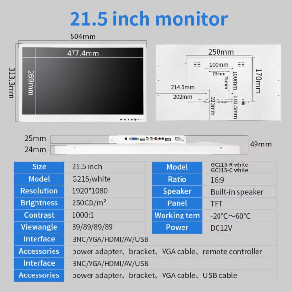 21.5 Inch 1000 nits 1920x1080 White Shell Panel VESA Mount Open Frame Capacitive TouchScreen Industrial Monitor LCD Display for Industrial